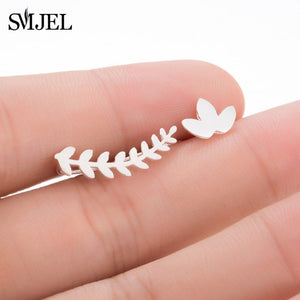 SMJEL Bohemian Vintage Earrings Jewelry Leaf Geometric Round Stud Earrings for Women Simple Bar Leaf Earing Ear Climber Girls